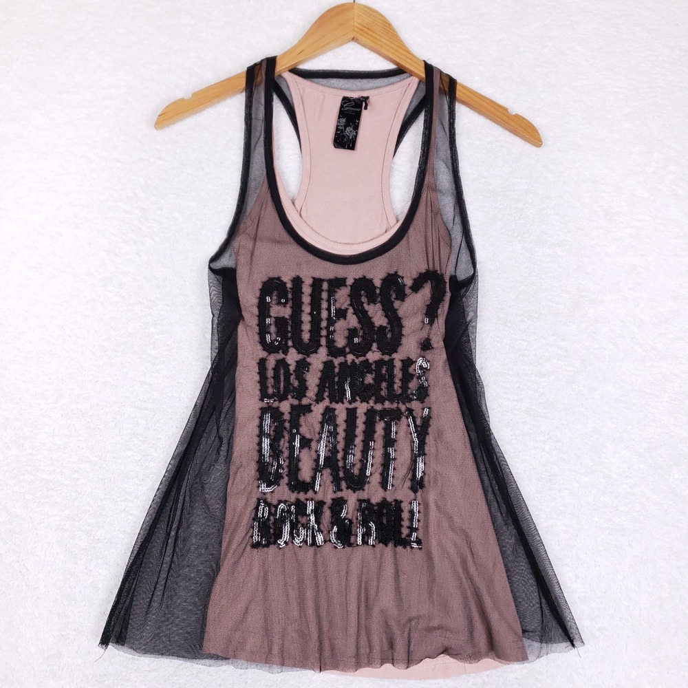 Guess Los‎ Angeles Graphic Tank Top Womens XS Pink Black Mesh Layered Sequins
